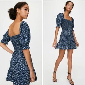 ARITZIA WILFRED Angie Dress Prairie Floral Mini Shirred Ruffle Blue White XS